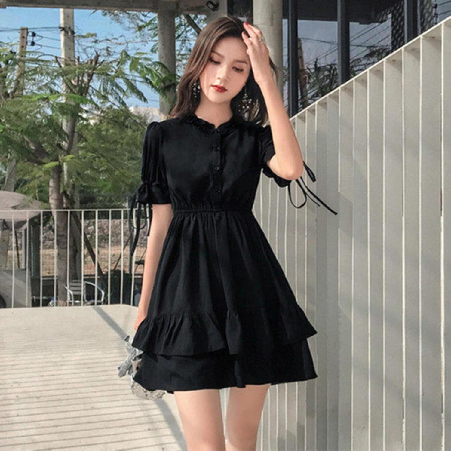 Ecoodisk Lolita Style Women Princess Black Mini Dress Summer